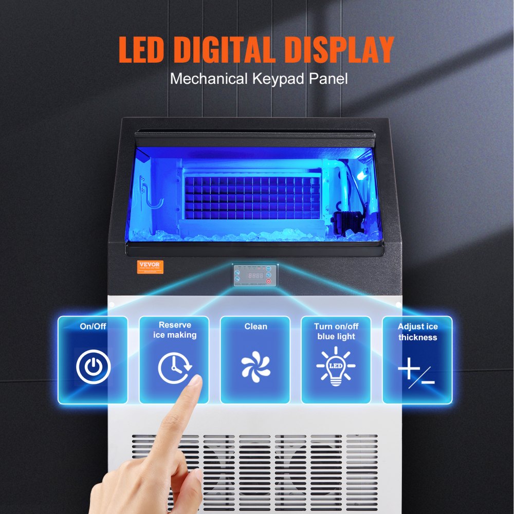 Máquina de hielo comercial VEVOR con pantalla LED y panel de teclado mecánico, resaltando los botones de operación.