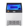Vista frontal de la máquina de hielo comercial VEVOR con interior iluminado en azul y panel de control digital.