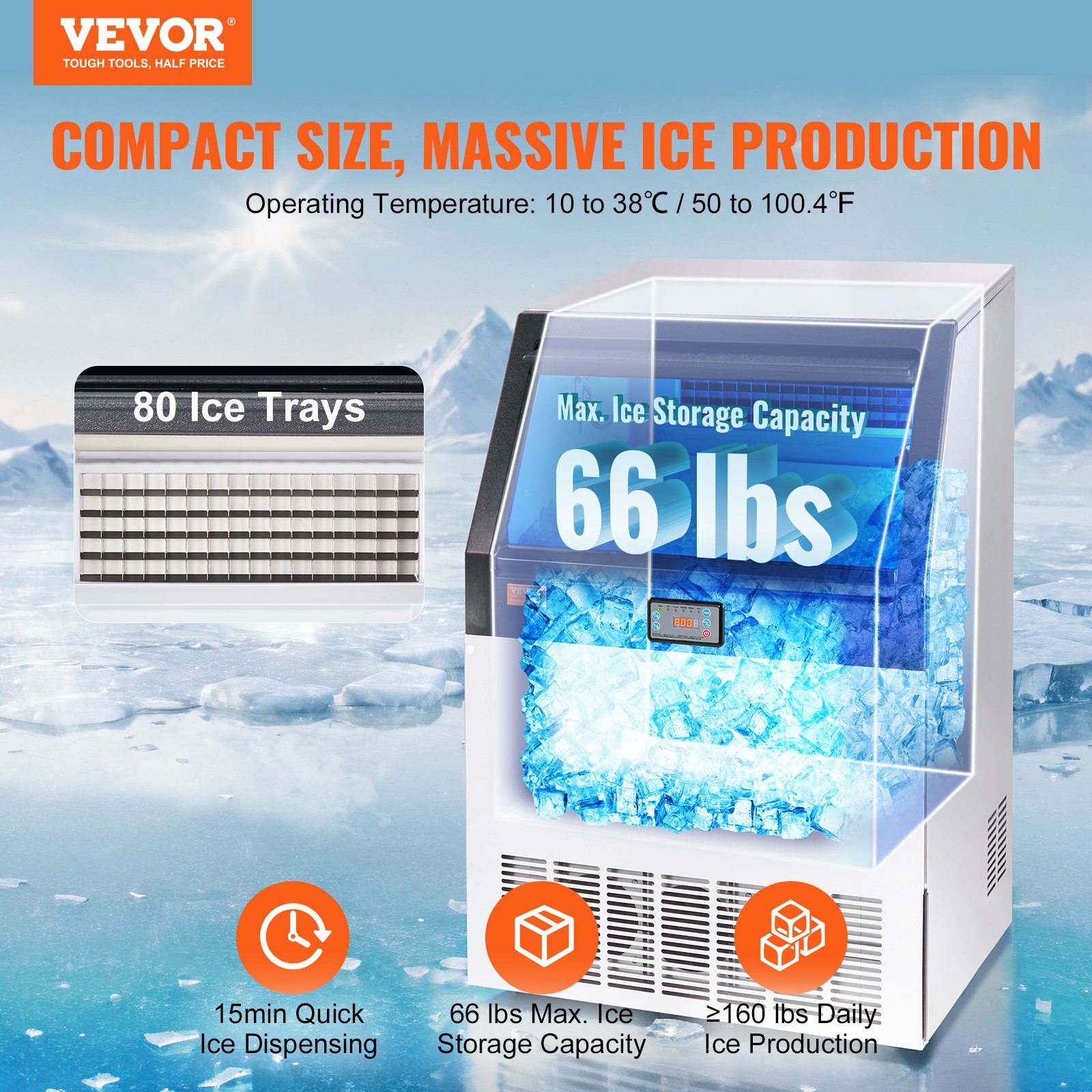 Máquina de hielo comercial VEVOR con almacenamiento de hielo de 66 libras, 80 bandejas de hielo y 160 libras de producción diaria de hielo.