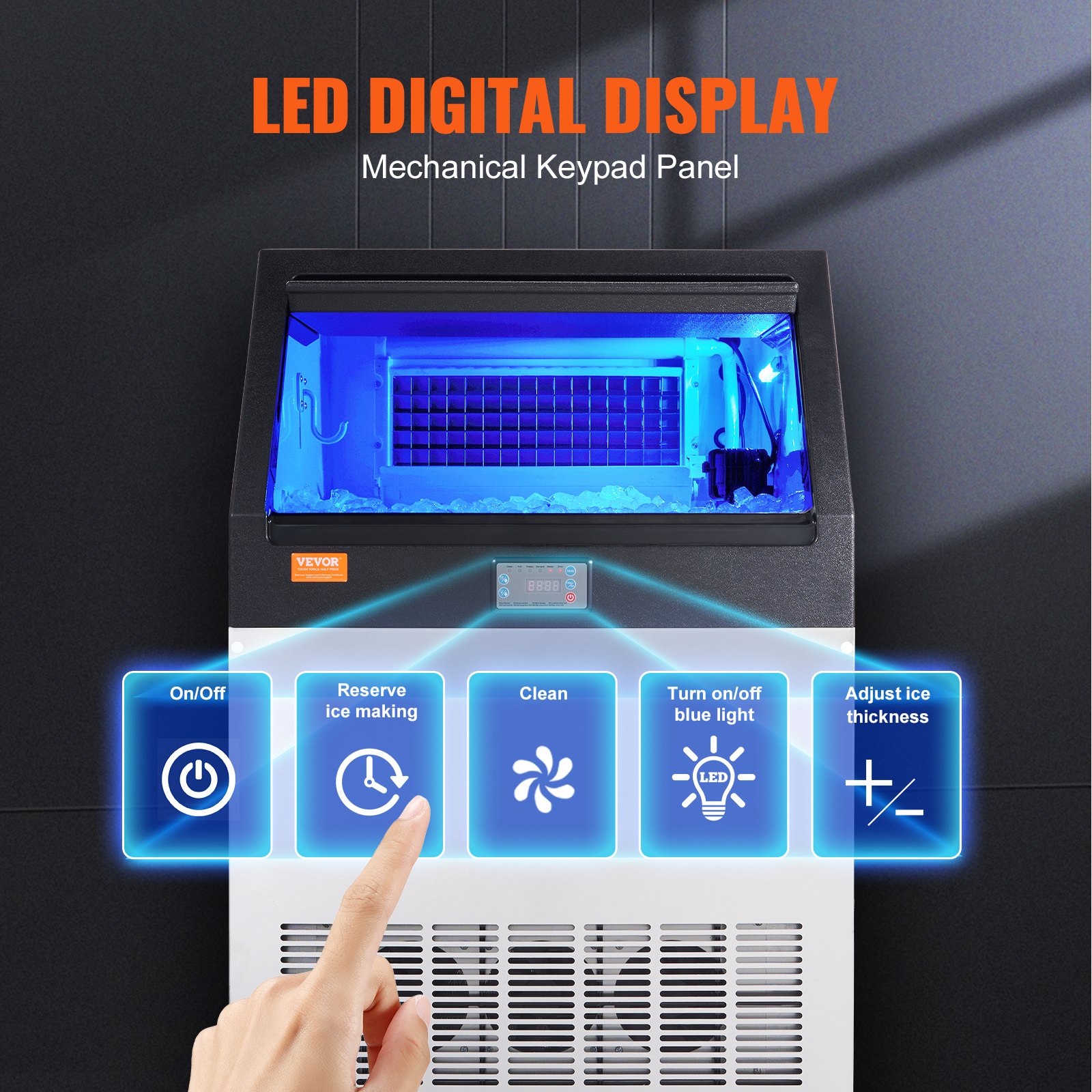 Máquina de hielo comercial VEVOR con pantalla LED y panel de teclado mecánico, resaltando los botones de operación.
