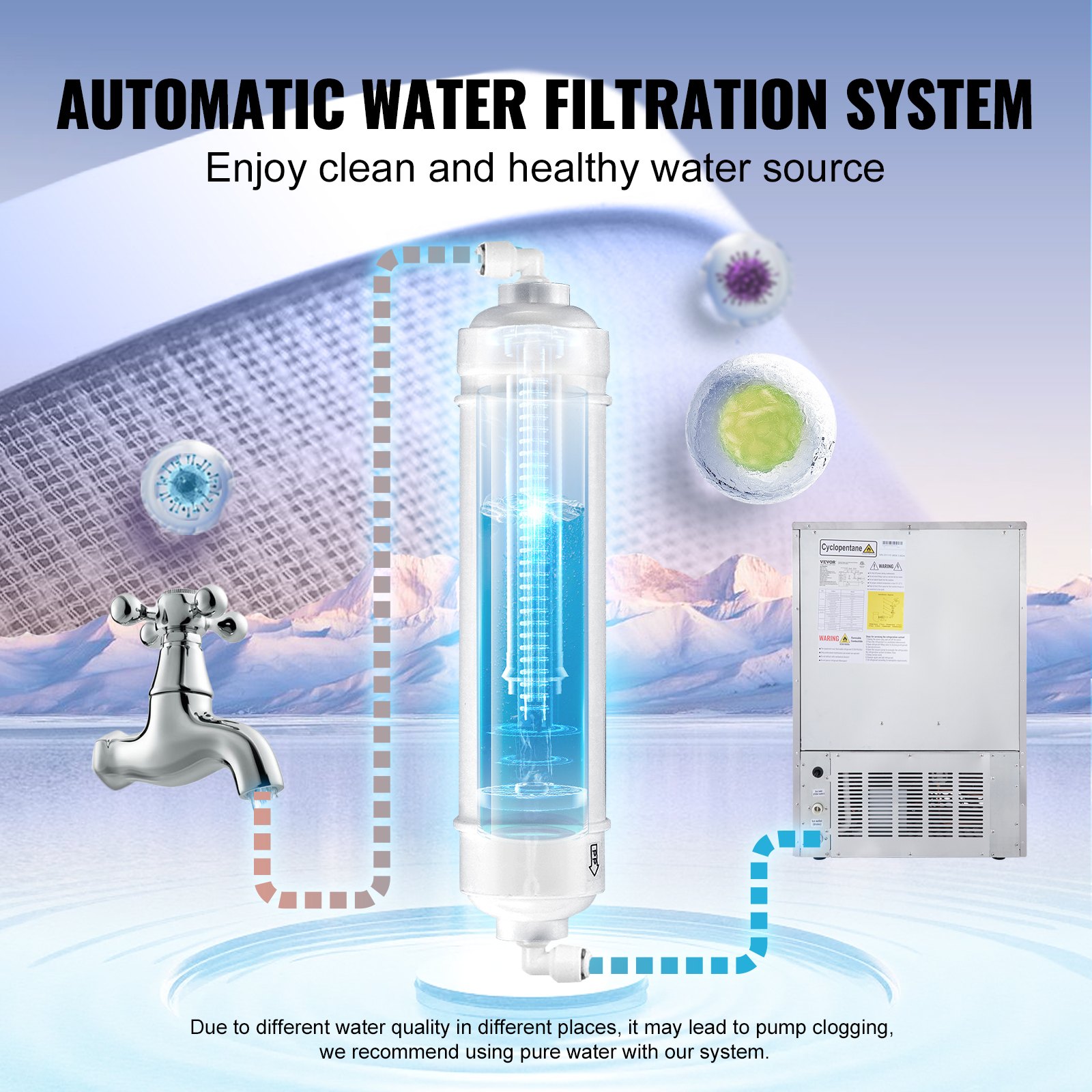 Sistema automático de filtración de agua para máquina de hielo comercial VEVOR para una fuente de agua limpia y saludable.