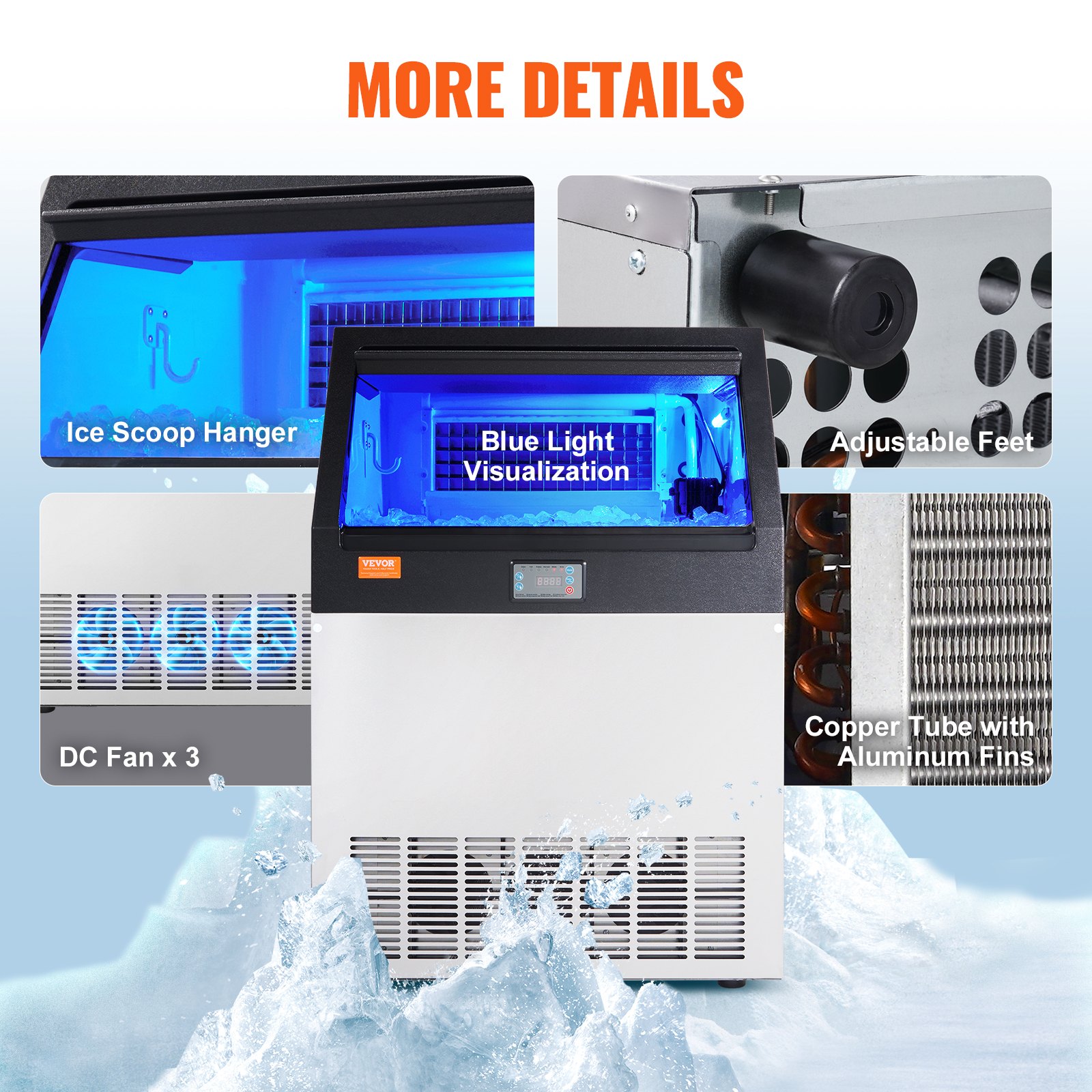 La máquina para fabricar hielo comercial VEVOR cuenta con visualización de luz azul, ventilador de CC, tubo de cobre, colgador para pala de hielo y patas ajustables.