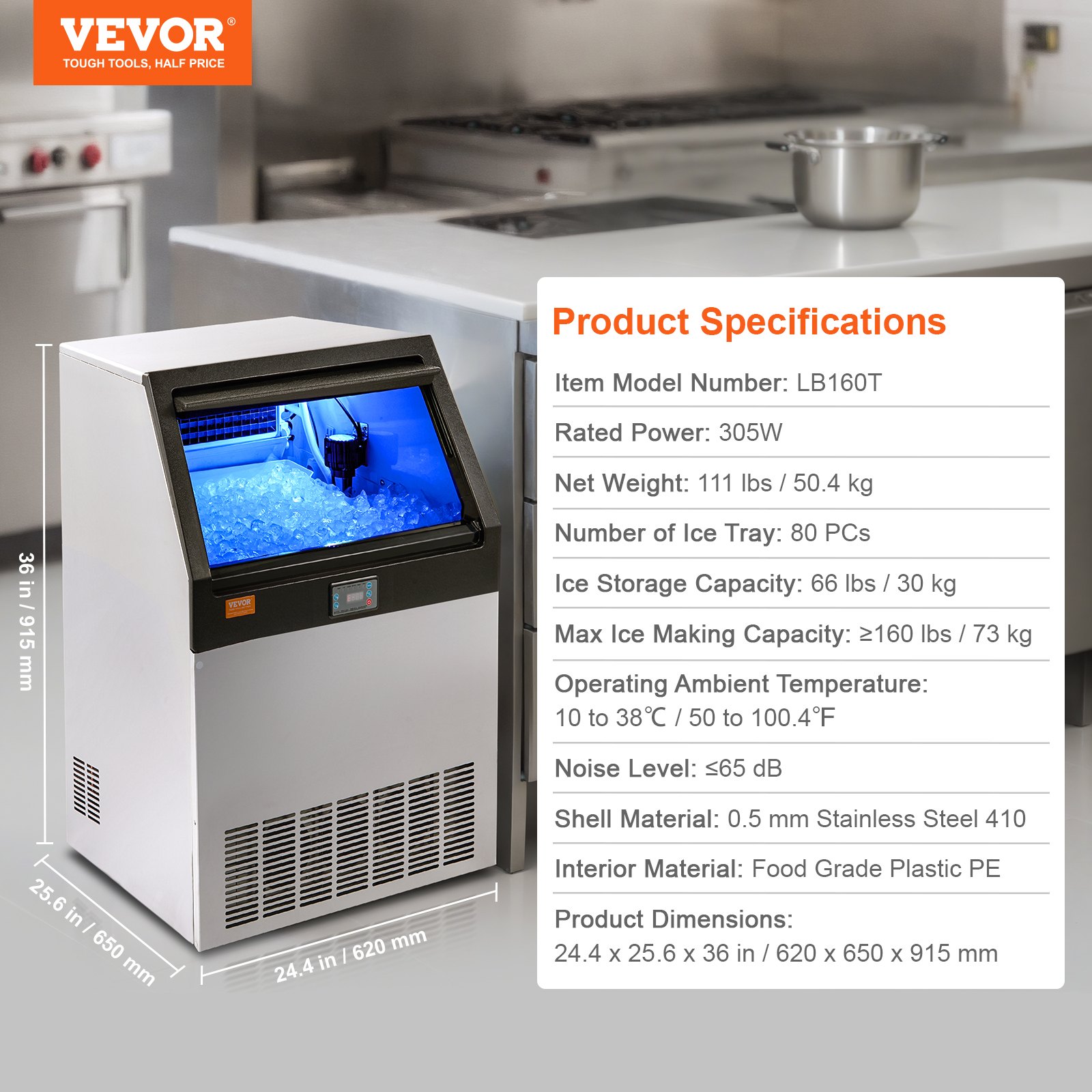 Máquina de hielo comercial VEVOR en un entorno de cocina profesional con especificaciones del producto mostradas.