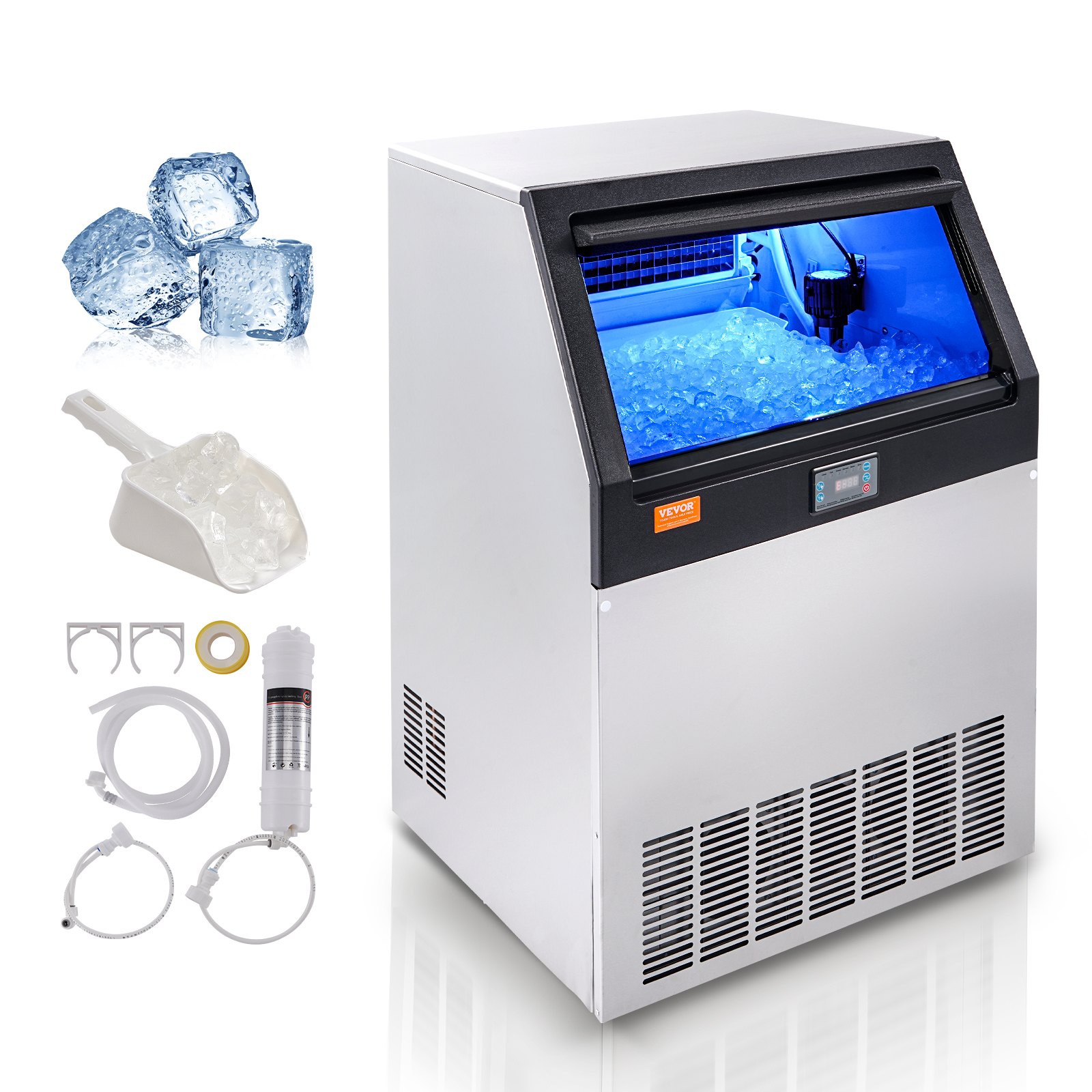 Máquina de hielo comercial VEVOR con cubitos de hielo, pala y kit de filtro de agua. Exterior de acero inoxidable.