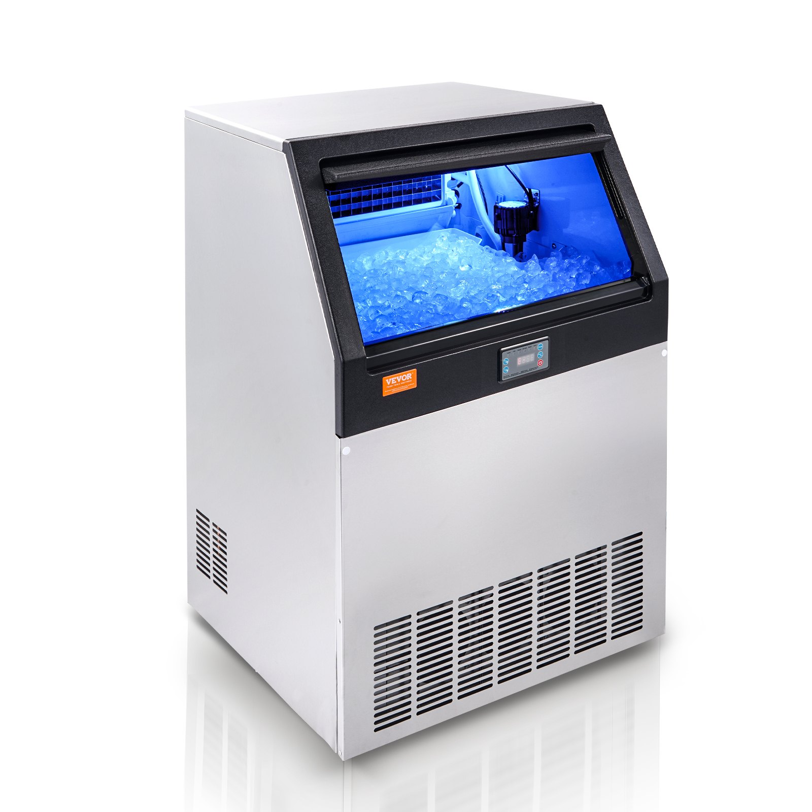 Máquina de hielo comercial VEVOR con depósito de hielo lleno, exterior de acero inoxidable e iluminación LED azul.