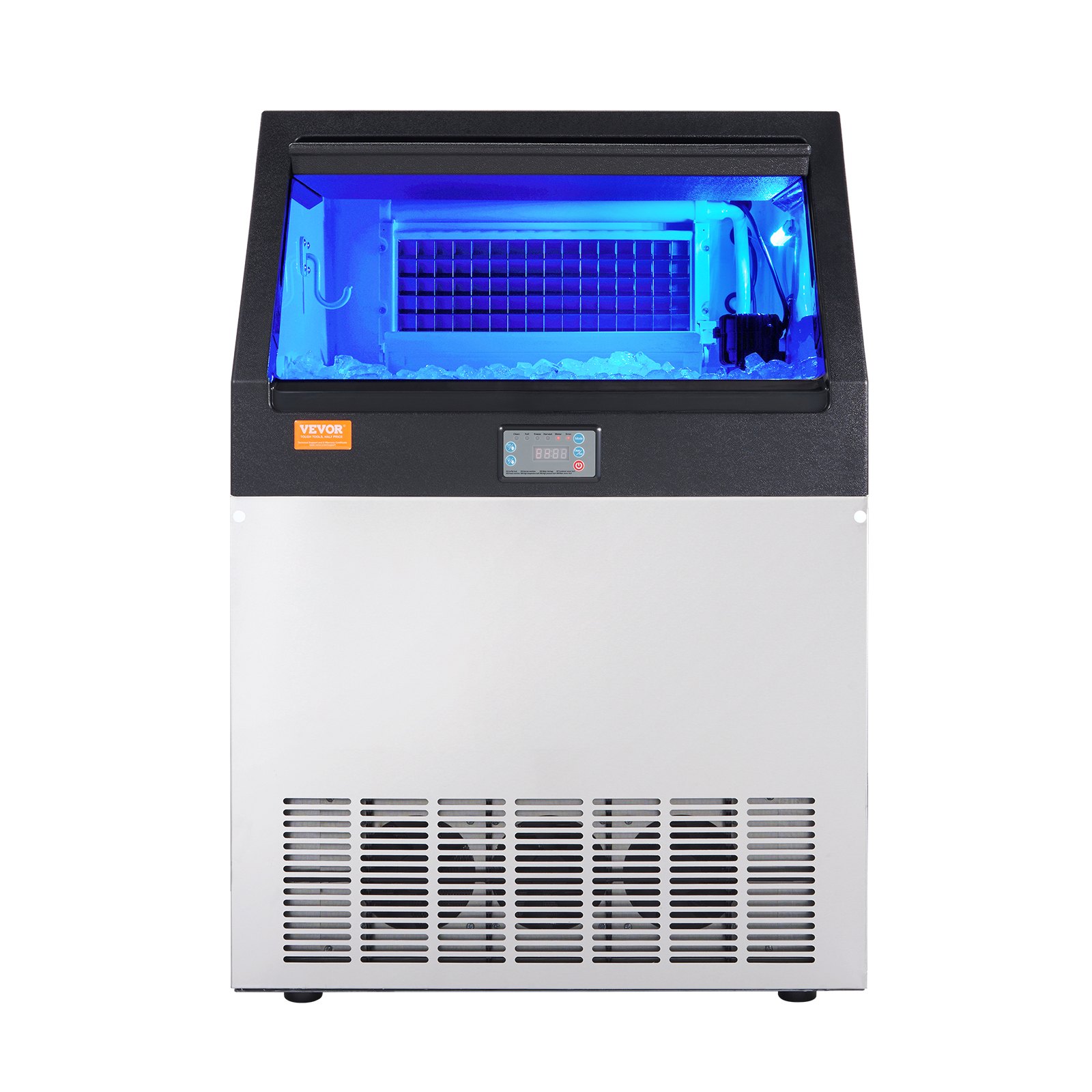 Vista frontal de la máquina de hielo comercial VEVOR con interior iluminado en azul y panel de control digital.