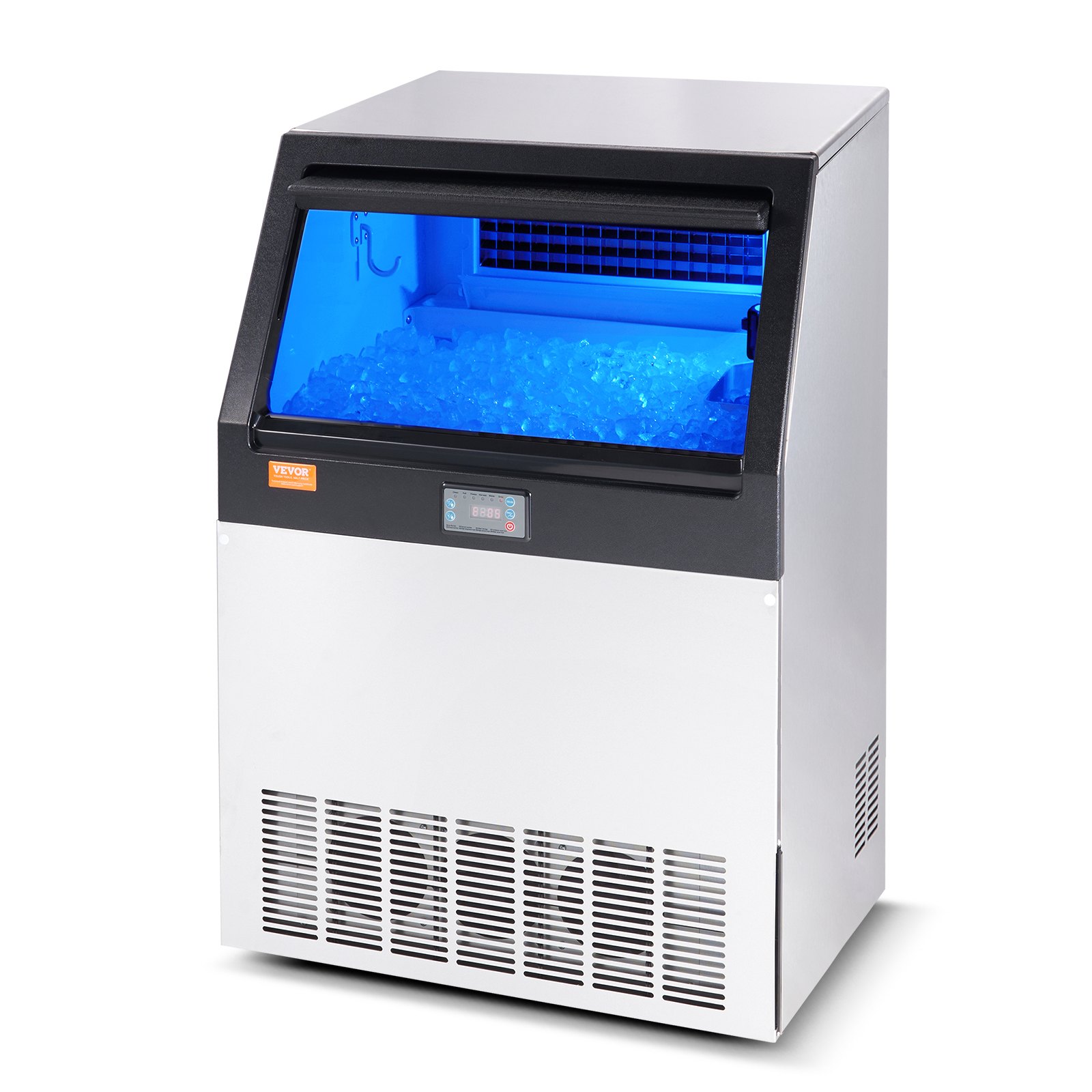 Máquina de hielo comercial VEVOR con almacenamiento de hielo con luz azul y panel de control digital.