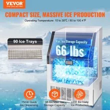 VEVOR Máquina para hacer hielo comercial, 200 libras/24 horas, máquina para hacer hielo, 90 cubitos de hielo en 12-15 minutos, máquina para hacer hielo con gabinete independiente con capacidad de almacenamiento de 66 libras, pantalla digital LED, para bar, hogar, oficina, restaurante