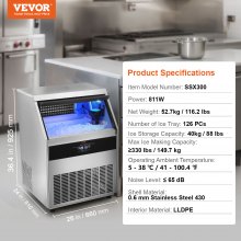 VEVOR Máquina para hacer hielo comercial, 330 libras/24 horas, máquina para hacer hielo, 126 cubitos de hielo en 12-15 minutos, máquina para hacer hielo con gabinete independiente con capacidad de almacenamiento de 88 libras, pantalla digital LED, para bar, hogar, restaurante