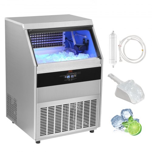 VEVOR Máquina para hacer hielo comercial, 450 libras/24 horas, máquina para hacer hielo, 160 cubitos de hielo en 12-15 minutos, máquina para hacer hielo con gabinete independiente con capacidad de almacenamiento de 130 libras, pantalla digital LED, para bar, hogar, oficina, restaurante