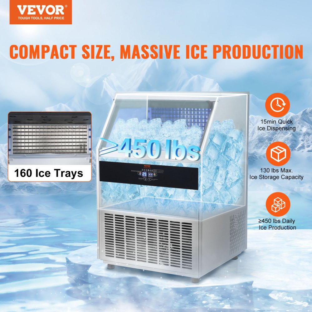 VEVOR Máquina para hacer hielo comercial, 450 libras/24 horas, máquina para hacer hielo, 160 cubitos de hielo en 12-15 minutos, máquina para hacer hielo con gabinete independiente con capacidad de almacenamiento de 130 libras, pantalla digital LED, para bar, hogar, oficina, restaurante