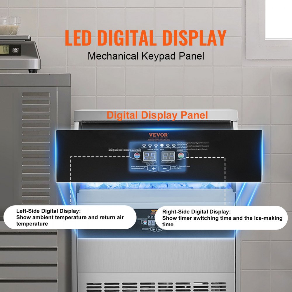 VEVOR Máquina para hacer hielo comercial, 450 libras/24 horas, máquina para hacer hielo, 160 cubitos de hielo en 12-15 minutos, máquina para hacer hielo con gabinete independiente con capacidad de almacenamiento de 130 libras, pantalla digital LED, para bar, hogar, oficina, restaurante