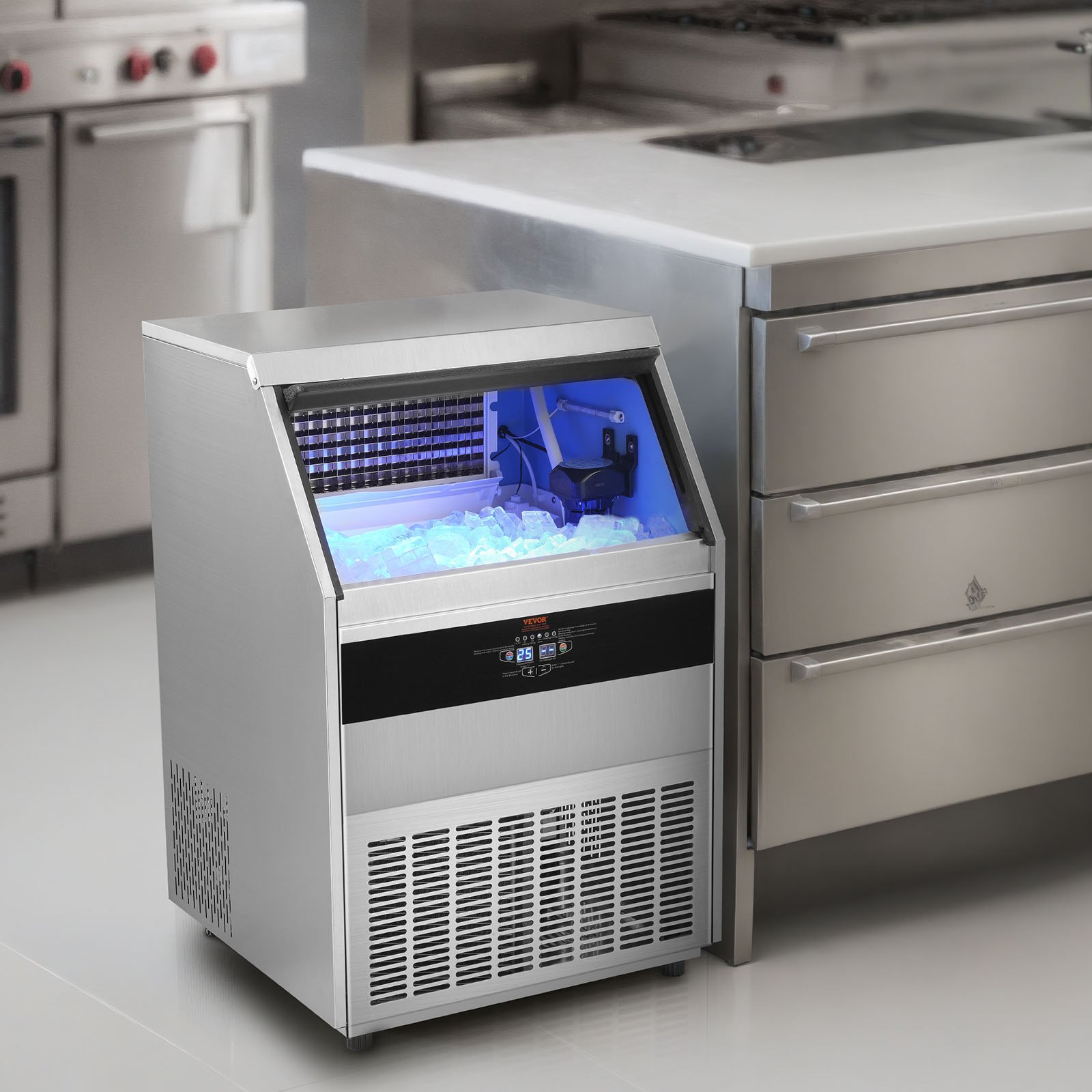 VEVOR Máquina para hacer hielo comercial, 450 libras/24 horas, máquina para hacer hielo, 160 cubitos de hielo en 12-15 minutos, máquina para hacer hielo con gabinete independiente con capacidad de almacenamiento de 130 libras, pantalla digital LED, para bar, hogar, oficina, restaurante