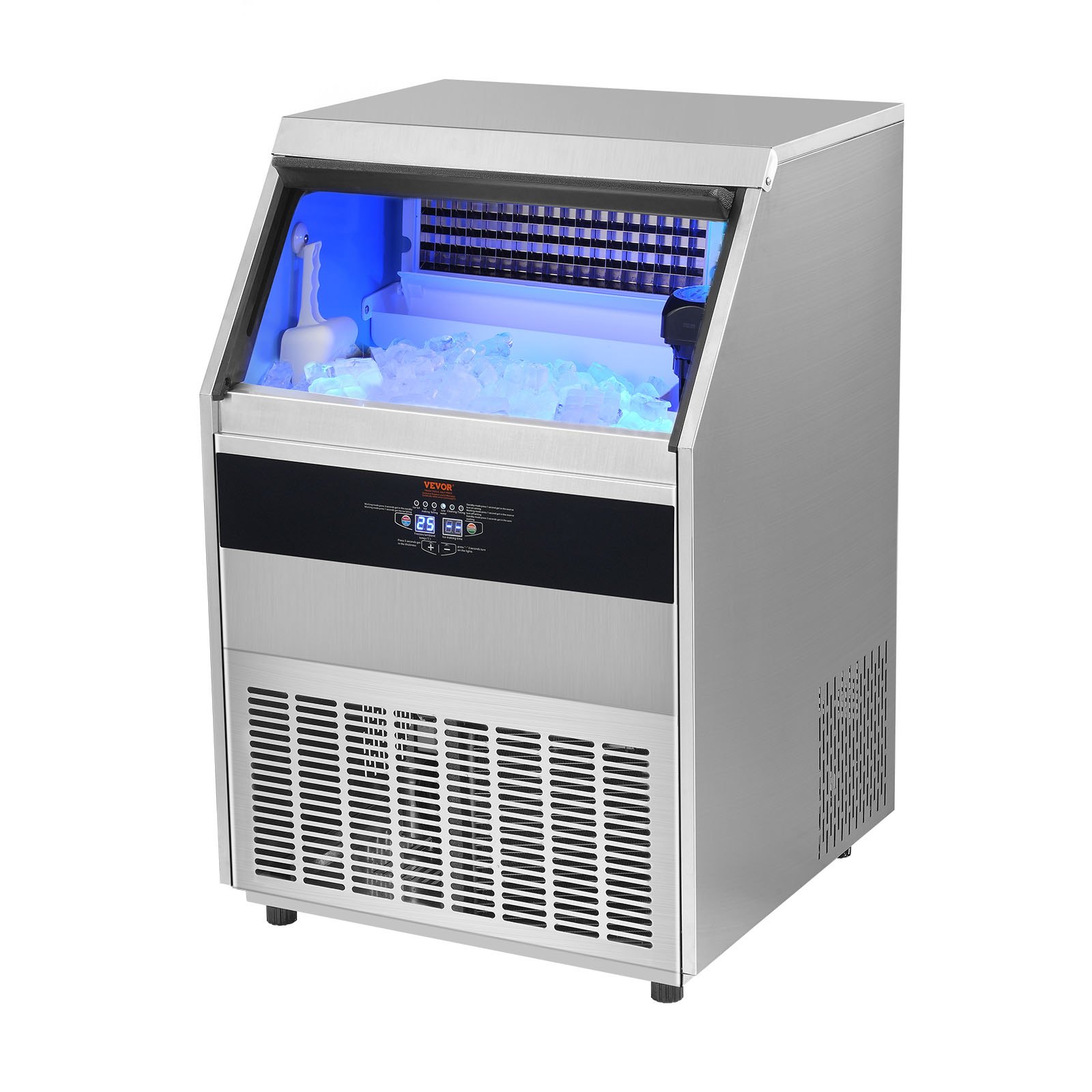 VEVOR Máquina para hacer hielo comercial, 450 libras/24 horas, máquina para hacer hielo, 160 cubitos de hielo en 12-15 minutos, máquina para hacer hielo con gabinete independiente con capacidad de almacenamiento de 130 libras, pantalla digital LED, para bar, hogar, oficina, restaurante