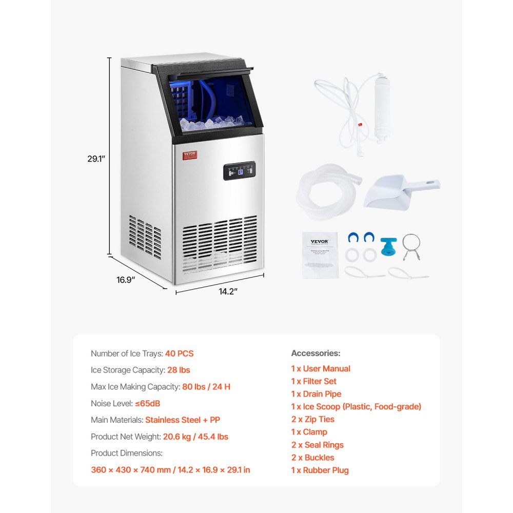 Máquina para fabricar hielo comercial VEVOR, 80 lb/24 h, capacidad de almacenamiento de 28 lb, 36 cubitos de hielo en 15 minutos, pantalla digital LED, autolimpiable, para bares, oficinas y restaurantes.