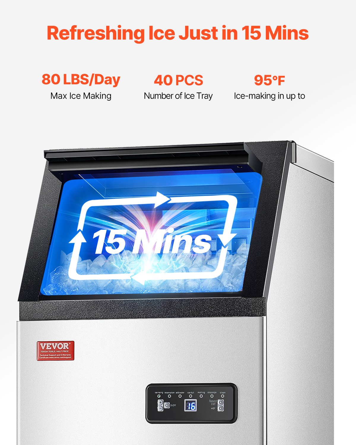 Máquina para fabricar hielo comercial VEVOR, 80 lb/24 h, capacidad de almacenamiento de 28 lb, 36 cubitos de hielo en 15 minutos, pantalla digital LED, autolimpiable, para bares, oficinas y restaurantes.
