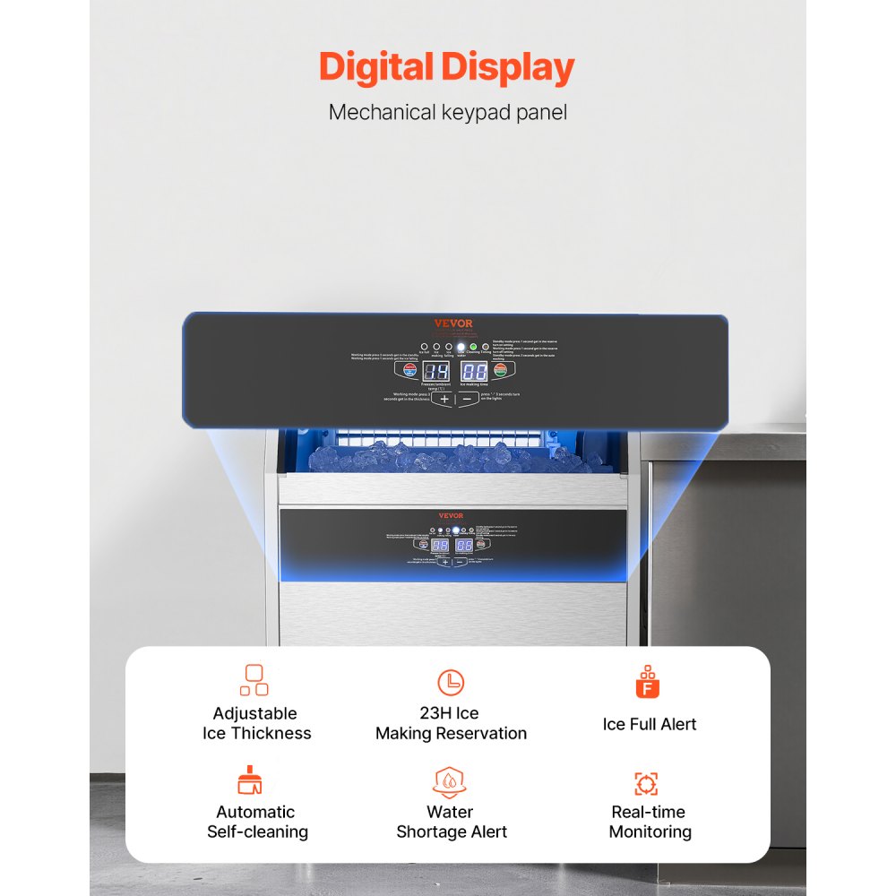 Máquina para fabricar hielo comercial VEVOR, 72 kg/24 h, capacidad de almacenamiento de 30 kg, 80 cubitos de hielo en 15 minutos, pantalla digital LED, autolimpiable, para bares, oficinas y restaurantes.