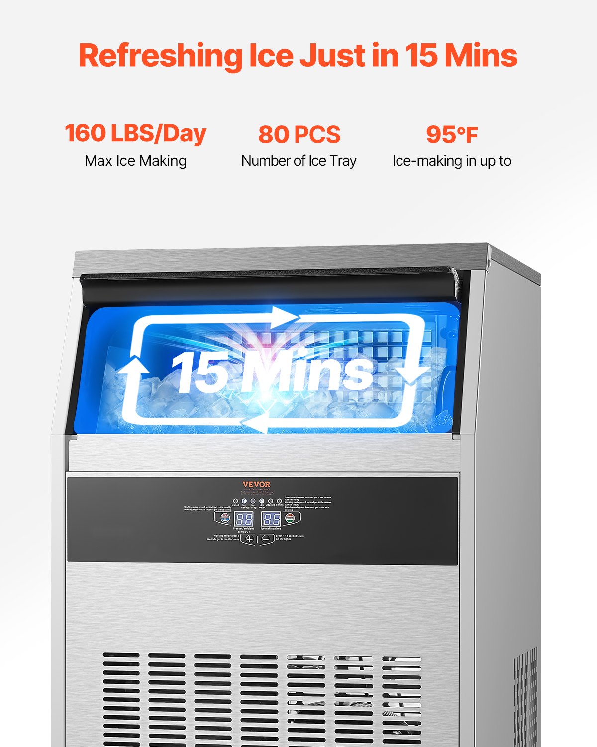 Máquina de hielo comercial de gabinete independiente, 160 lb/24 h, 80 cubos de hielo