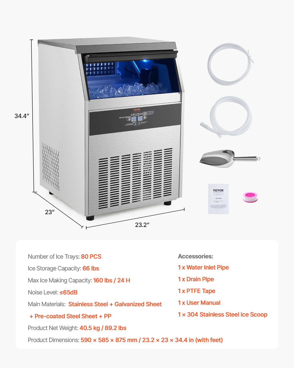 Máquina de hielo comercial de gabinete independiente, 160 lb/24 h, 80 cubos de hielo