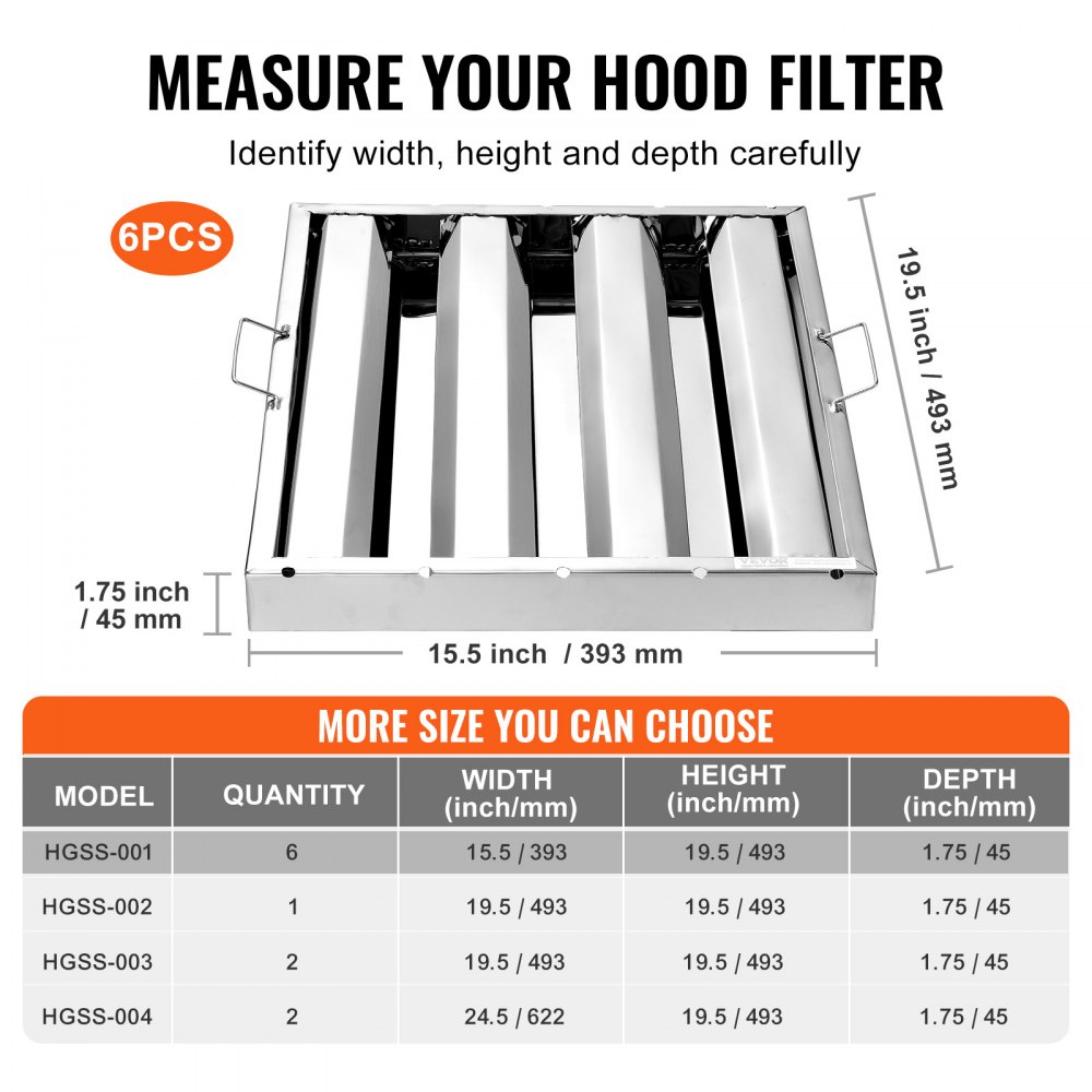 Filtro para campana extractora comercial VEVOR, 15,5 pulgadas de ancho x 19,5 pulgadas de alto, filtro deflector de acero inoxidable para campana extractora de cocina comercial apta para grasa, 3 ranuras, paquete de 6
