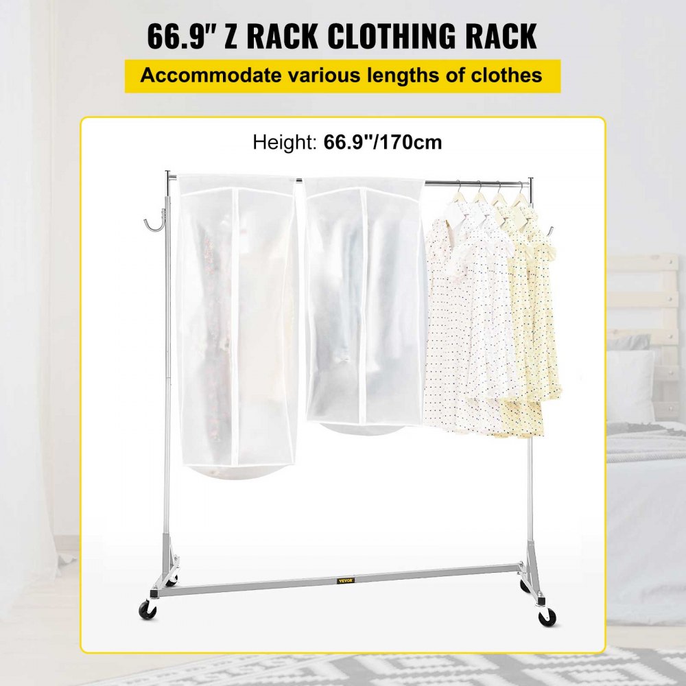VEVOR Z Rack, Perchero con base en Z de grado industrial, Perchero con ruedas en Z de altura ajustable, Perchero con base Z de acero resistente con ruedas bloqueables, para exhibición de tienda de ropa en el hogar con cubierta plateada