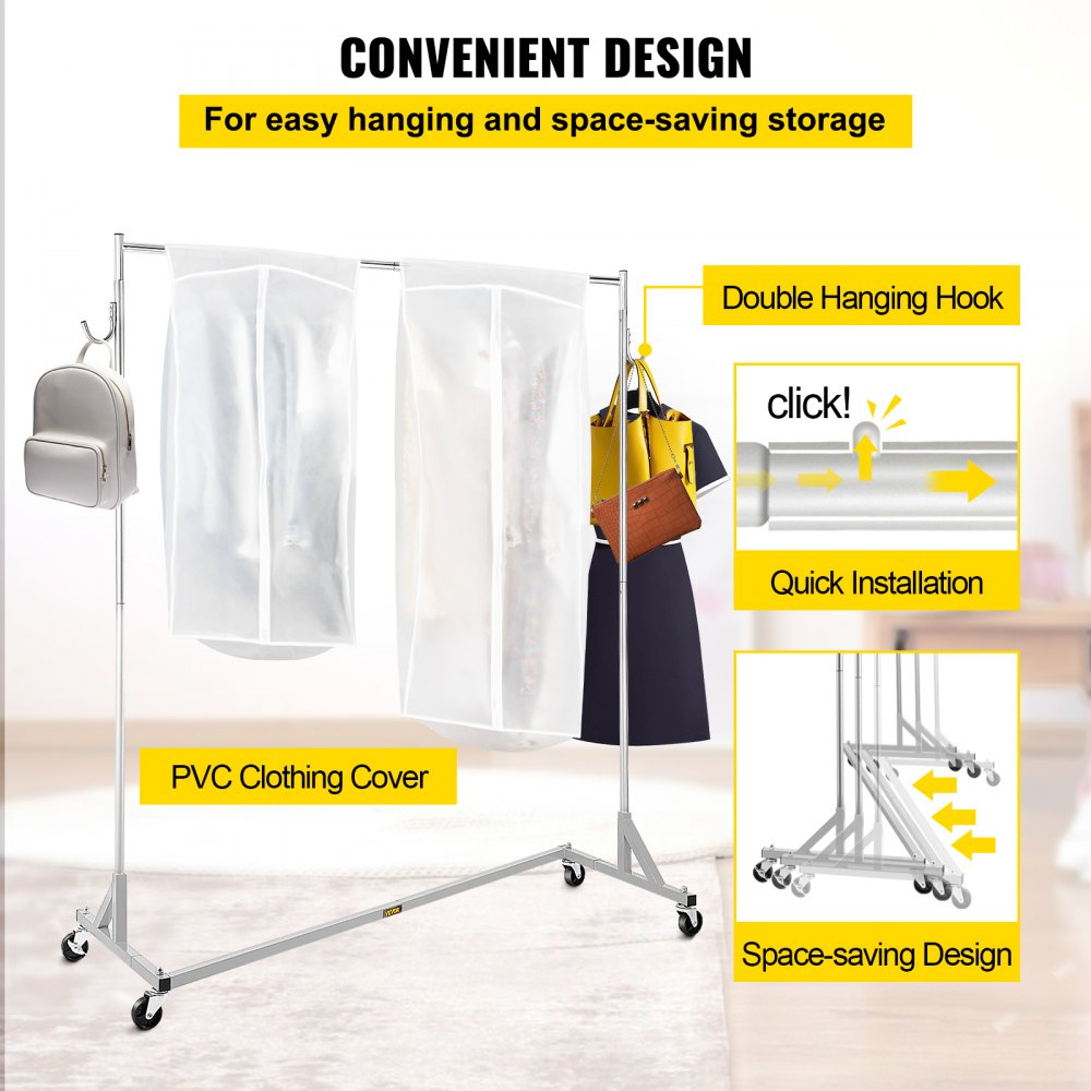 VEVOR Z Rack, Perchero con base en Z de grado industrial, Perchero con ruedas en Z de altura ajustable, Perchero con base Z de acero resistente con ruedas bloqueables, para exhibición de tienda de ropa en el hogar con cubierta plateada