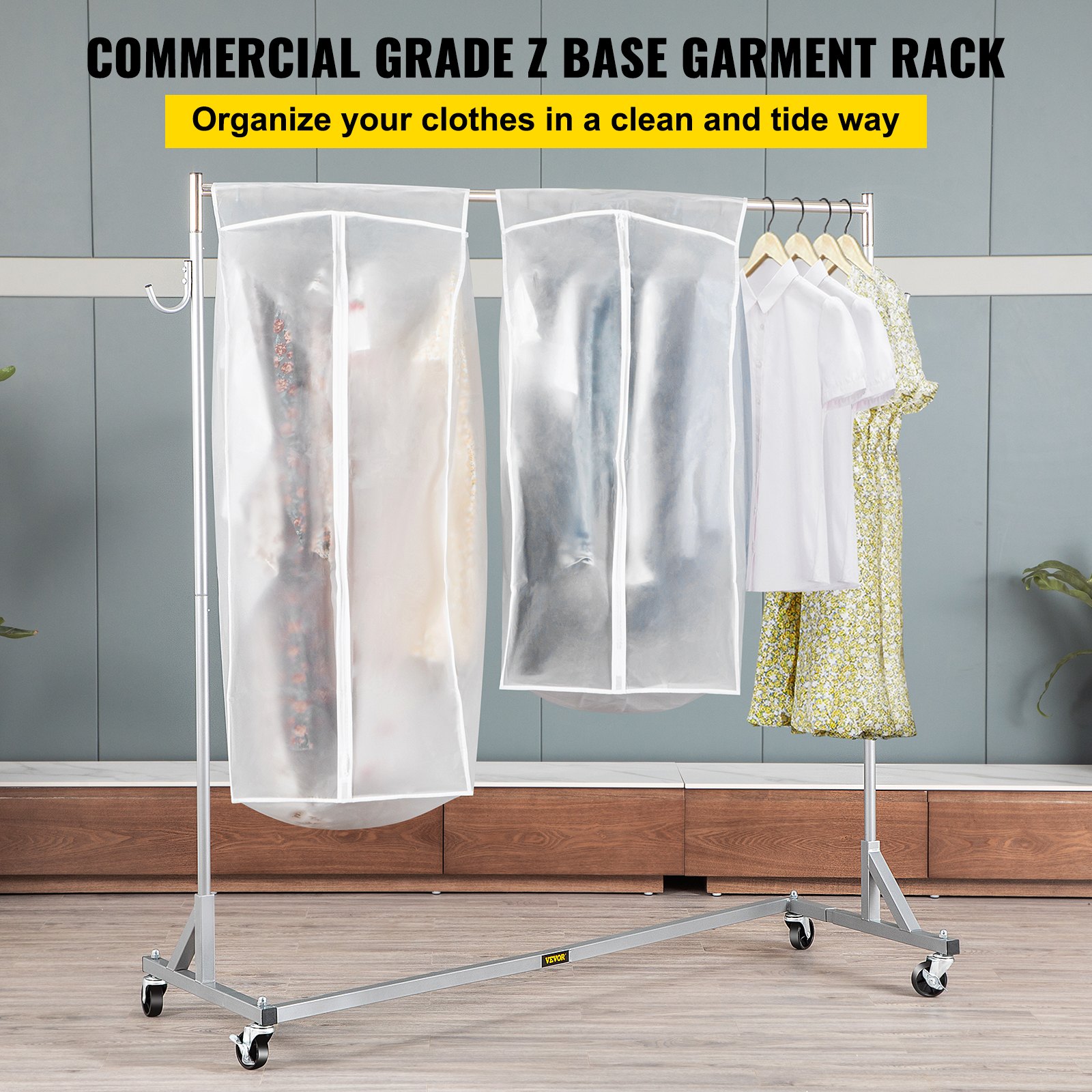 VEVOR Z Rack, Perchero con base en Z de grado industrial, Perchero con ruedas en Z de altura ajustable, Perchero con base Z de acero resistente con ruedas bloqueables, para exhibición de tienda de ropa en el hogar con cubierta plateada