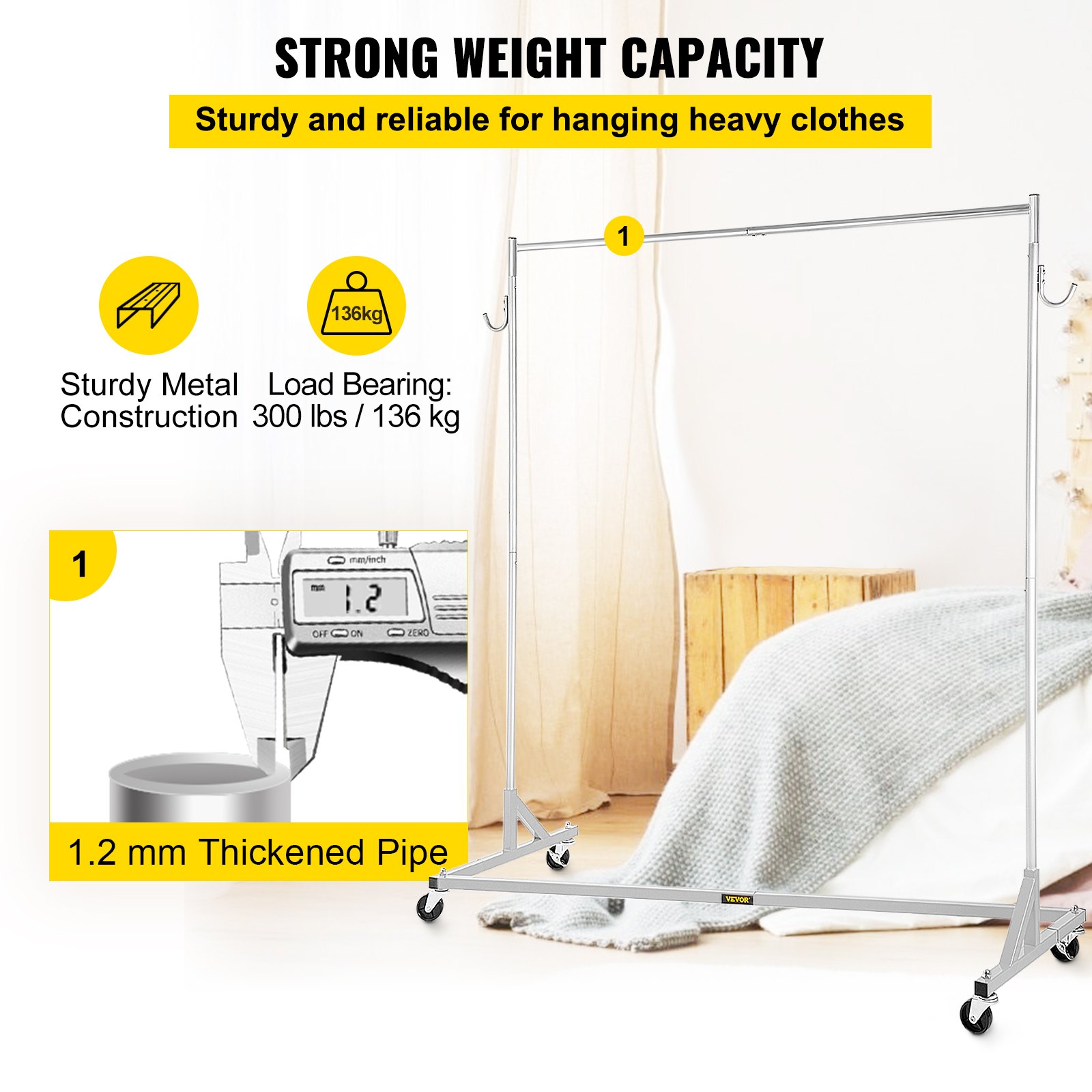 VEVOR Z Rack, Perchero con base en Z de grado industrial, Perchero con ruedas en Z de altura ajustable, Perchero con base Z de acero resistente con ruedas bloqueables, para exhibición de tienda de ropa en el hogar con cubierta plateada