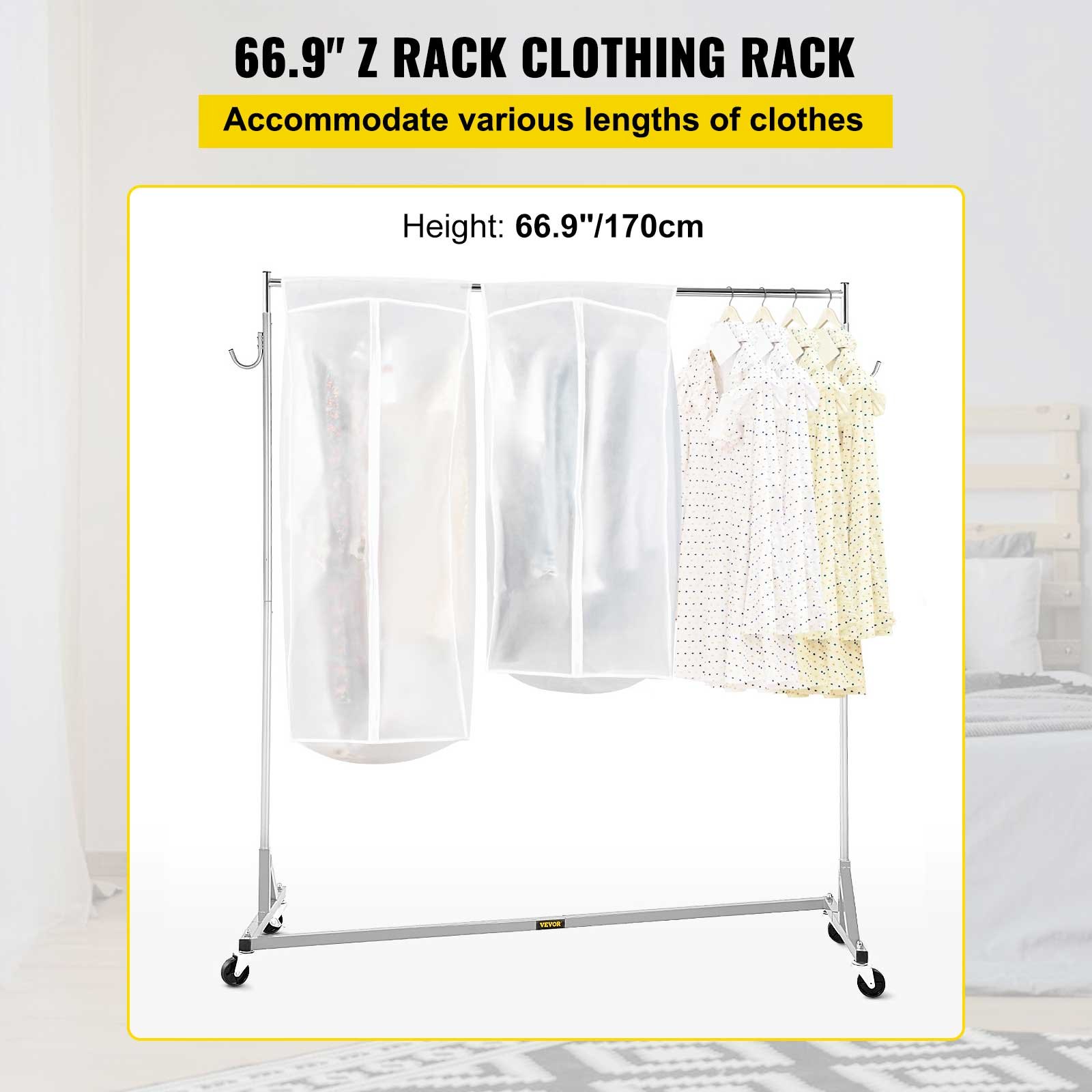 VEVOR Z Rack, Perchero con base en Z de grado industrial, Perchero con ruedas en Z de altura ajustable, Perchero con base Z de acero resistente con ruedas bloqueables, para exhibición de tienda de ropa en el hogar con cubierta plateada