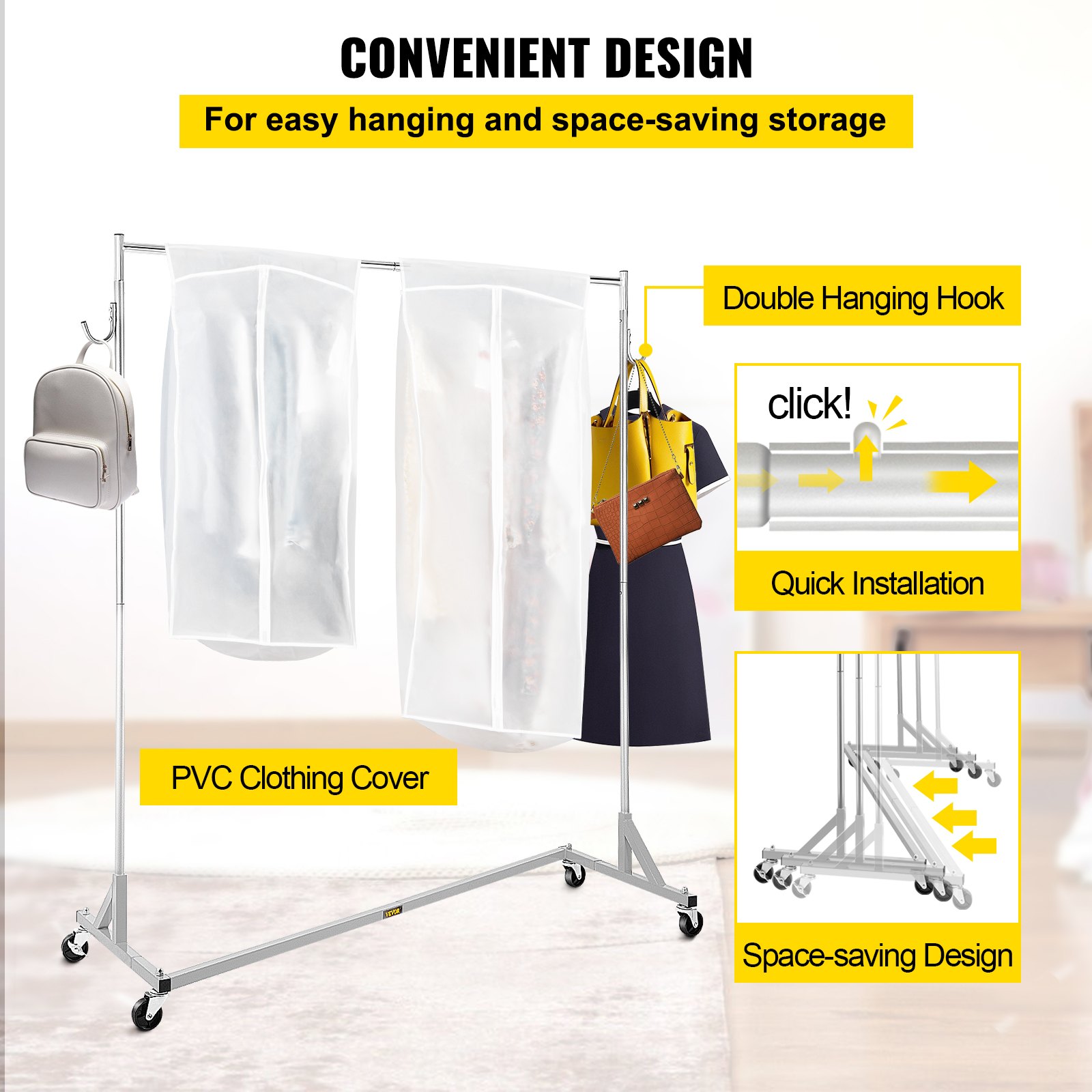 VEVOR Z Rack, Perchero con base en Z de grado industrial, Perchero con ruedas en Z de altura ajustable, Perchero con base Z de acero resistente con ruedas bloqueables, para exhibición de tienda de ropa en el hogar con cubierta plateada