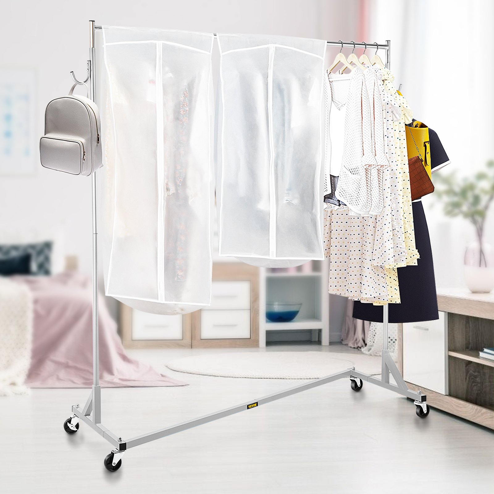 VEVOR Z Rack, Perchero con base en Z de grado industrial, Perchero con ruedas en Z de altura ajustable, Perchero con base Z de acero resistente con ruedas bloqueables, para exhibición de tienda de ropa en el hogar con cubierta plateada