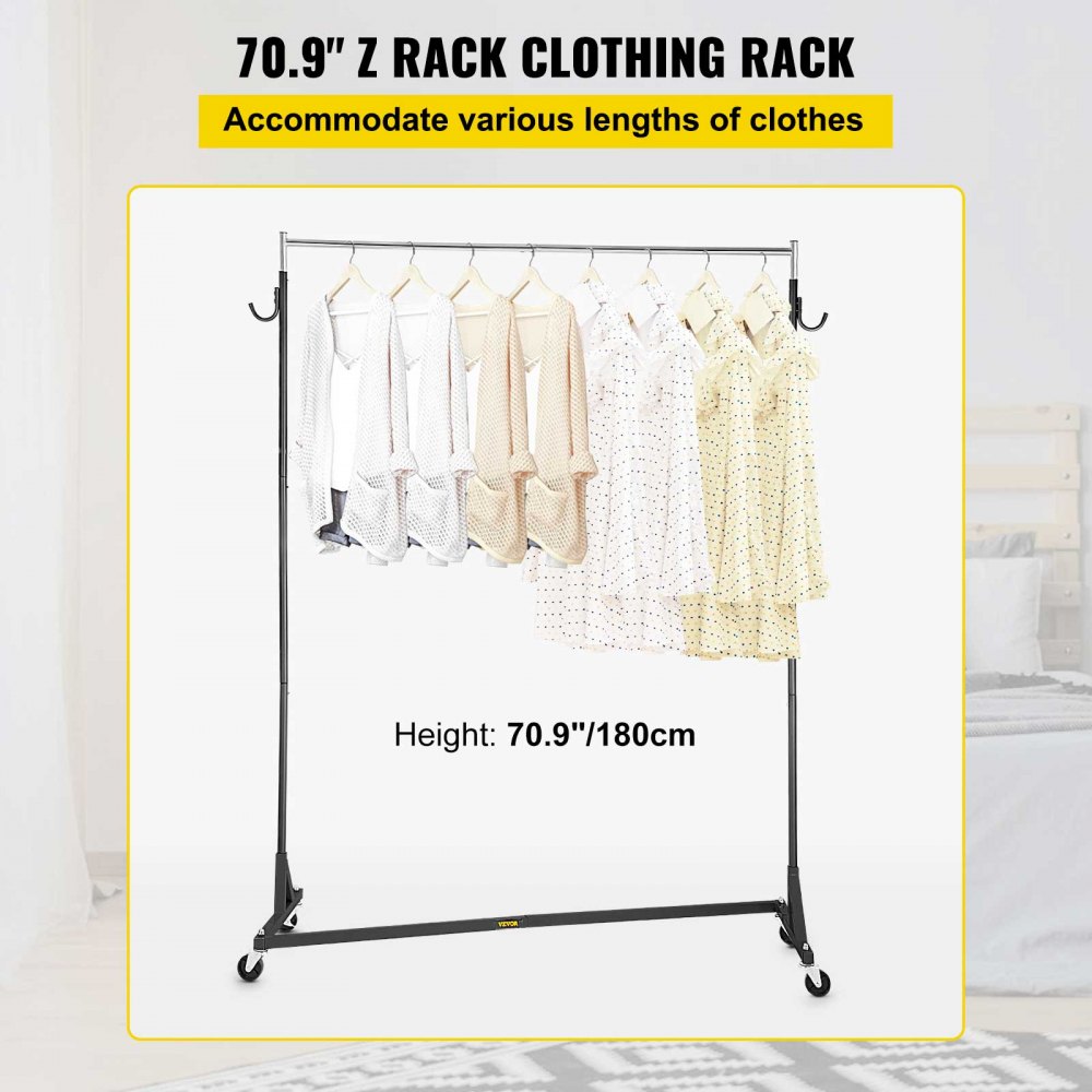 VEVOR Z Rack, Perchero de base Z de grado industrial, Perchero de ropa con ruedas Z de altura ajustable, Perchero de acero resistente con base Z con ruedas bloqueables para exhibición de tienda de ropa en el hogar Uso comercial Negro