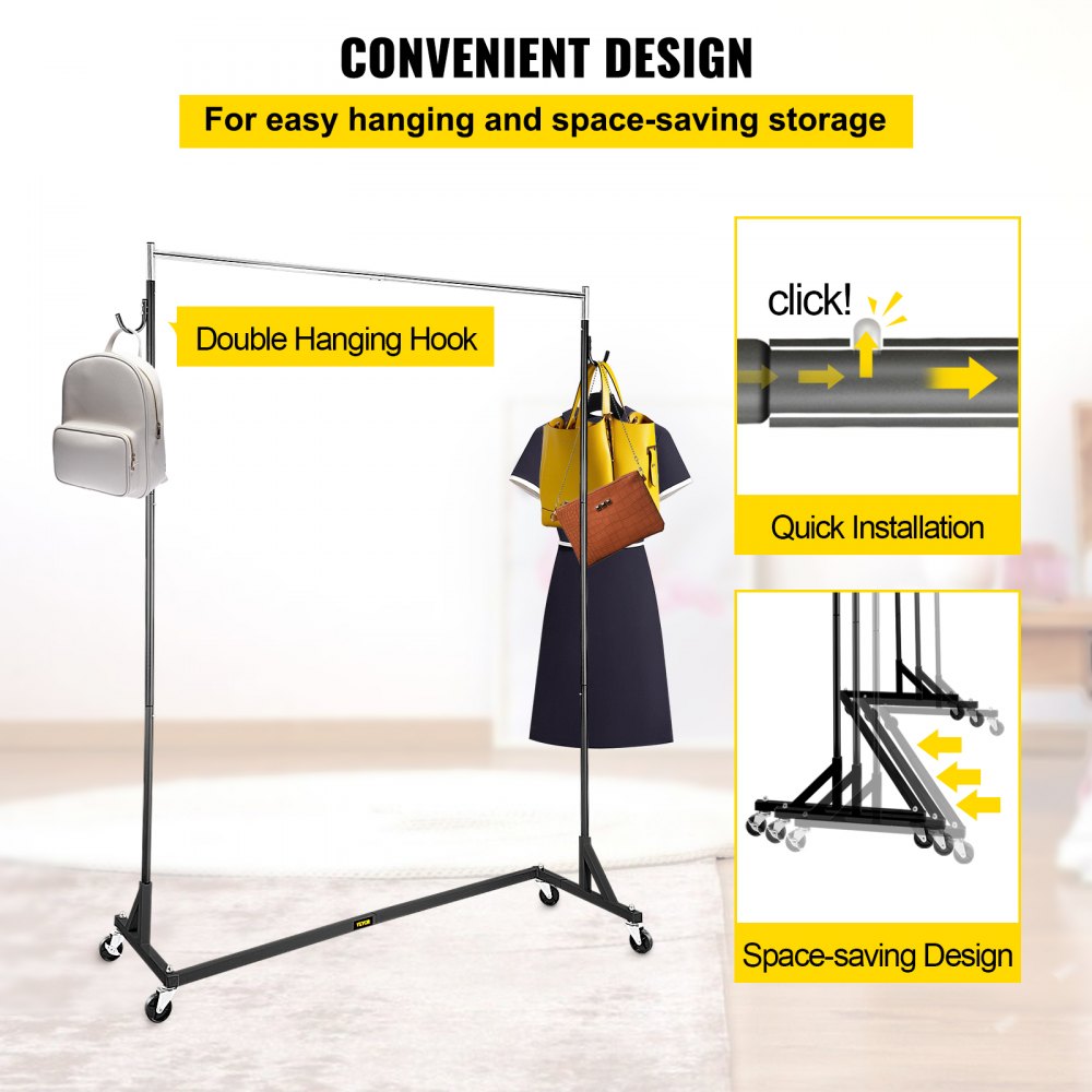 VEVOR Z Rack, Perchero de base Z de grado industrial, Perchero de ropa con ruedas Z de altura ajustable, Perchero de acero resistente con base Z con ruedas bloqueables para exhibición de tienda de ropa en el hogar Uso comercial Negro