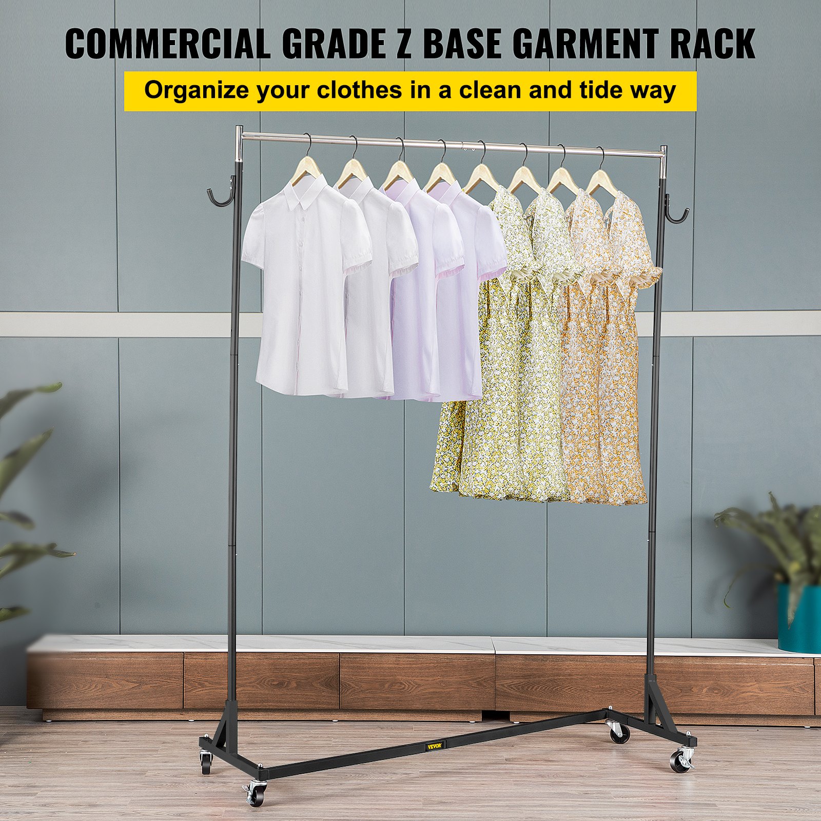 VEVOR Z Rack, Perchero de base Z de grado industrial, Perchero de ropa con ruedas Z de altura ajustable, Perchero de acero resistente con base Z con ruedas bloqueables para exhibición de tienda de ropa en el hogar Uso comercial Negro