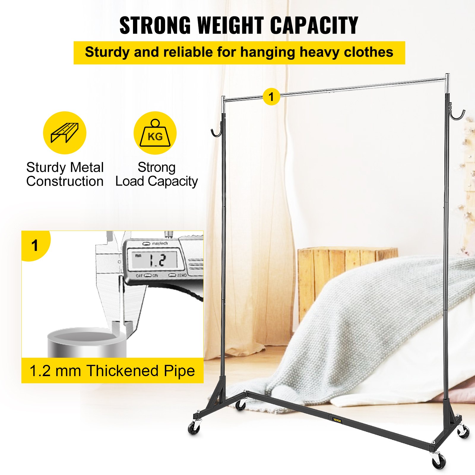 VEVOR Z Rack, Perchero de base Z de grado industrial, Perchero de ropa con ruedas Z de altura ajustable, Perchero de acero resistente con base Z con ruedas bloqueables para exhibición de tienda de ropa en el hogar Uso comercial Negro