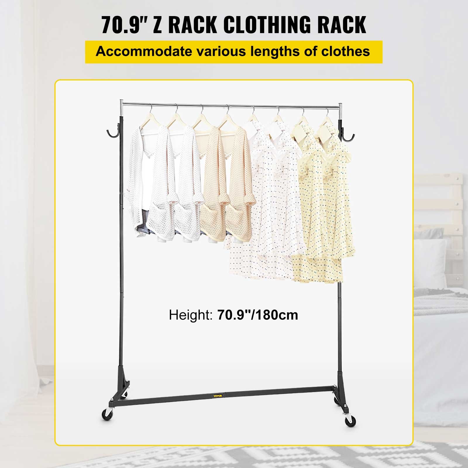 VEVOR Z Rack, Perchero de base Z de grado industrial, Perchero de ropa con ruedas Z de altura ajustable, Perchero de acero resistente con base Z con ruedas bloqueables para exhibición de tienda de ropa en el hogar Uso comercial Negro