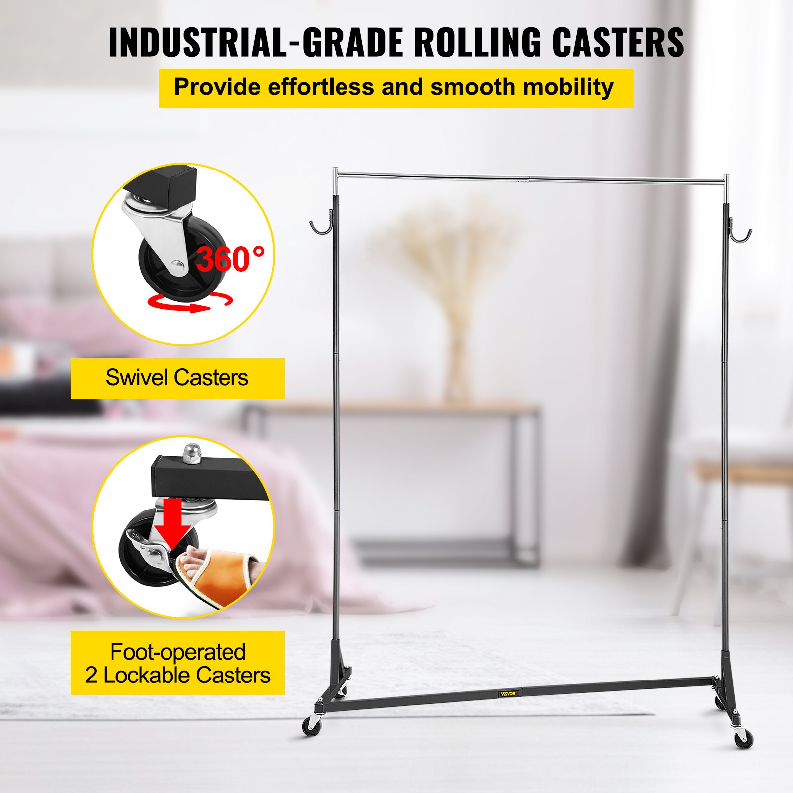 VEVOR Z Rack, Perchero de base Z de grado industrial, Perchero de ropa con ruedas Z de altura ajustable, Perchero de acero resistente con base Z con ruedas bloqueables para exhibición de tienda de ropa en el hogar Uso comercial Negro