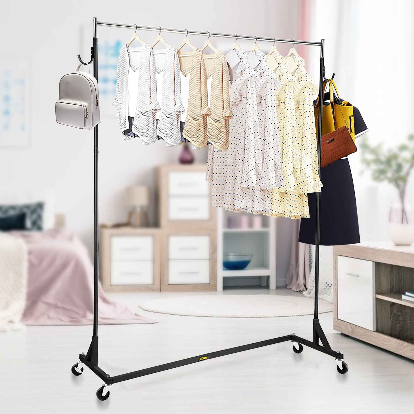 VEVOR Z Rack, Perchero de base Z de grado industrial, Perchero de ropa con ruedas Z de altura ajustable, Perchero de acero resistente con base Z con ruedas bloqueables para exhibición de tienda de ropa en el hogar Uso comercial Negro