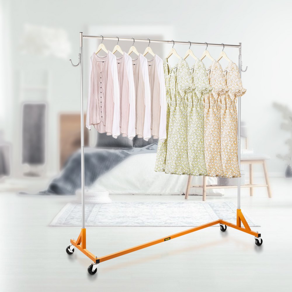 VEVOR Z Rack, Perchero industrial con base en Z, Perchero con ruedas en Z, Perchero resistente de acero con base en Z y ruedas bloqueables para exhibición en tiendas de ropa en el hogar, uso comercial, Naranja