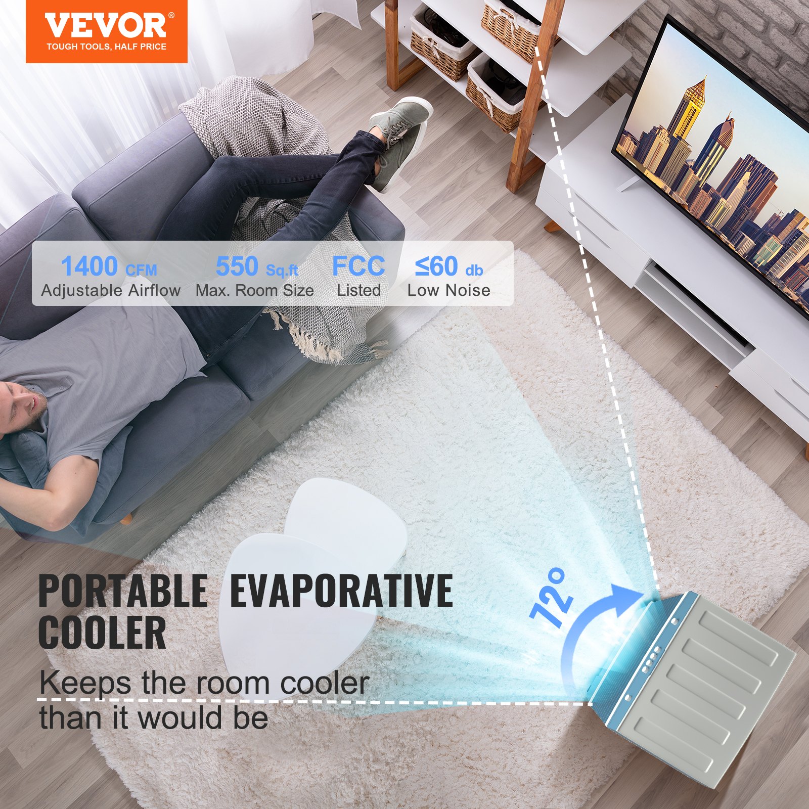 Enfriador evaporativo VEVOR, 1400 CFM, oscilante de 84°, portátil de 5 galones para 550 pies cuadrados con control de 3 velocidades, para uso en interiores y exteriores, homologado por la FCC.