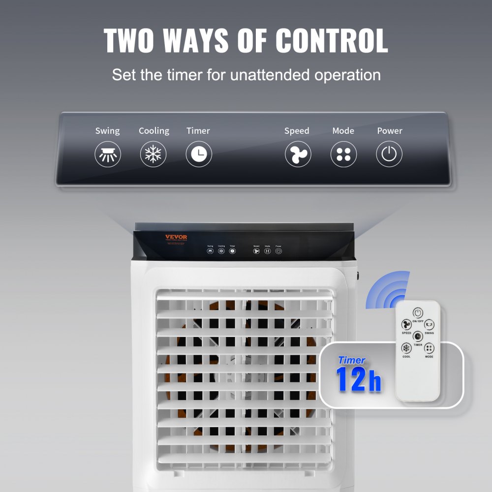Enfriador evaporativo VEVOR, 2100 CFM, enfriador de aire oscilante de 135° con 3 velocidades ajustables y temporizador de 12 horas, enfriador de aire portátil de 7 galones para 750 pies cuadrados, uso en interiores/exteriores, certificado por la FCC