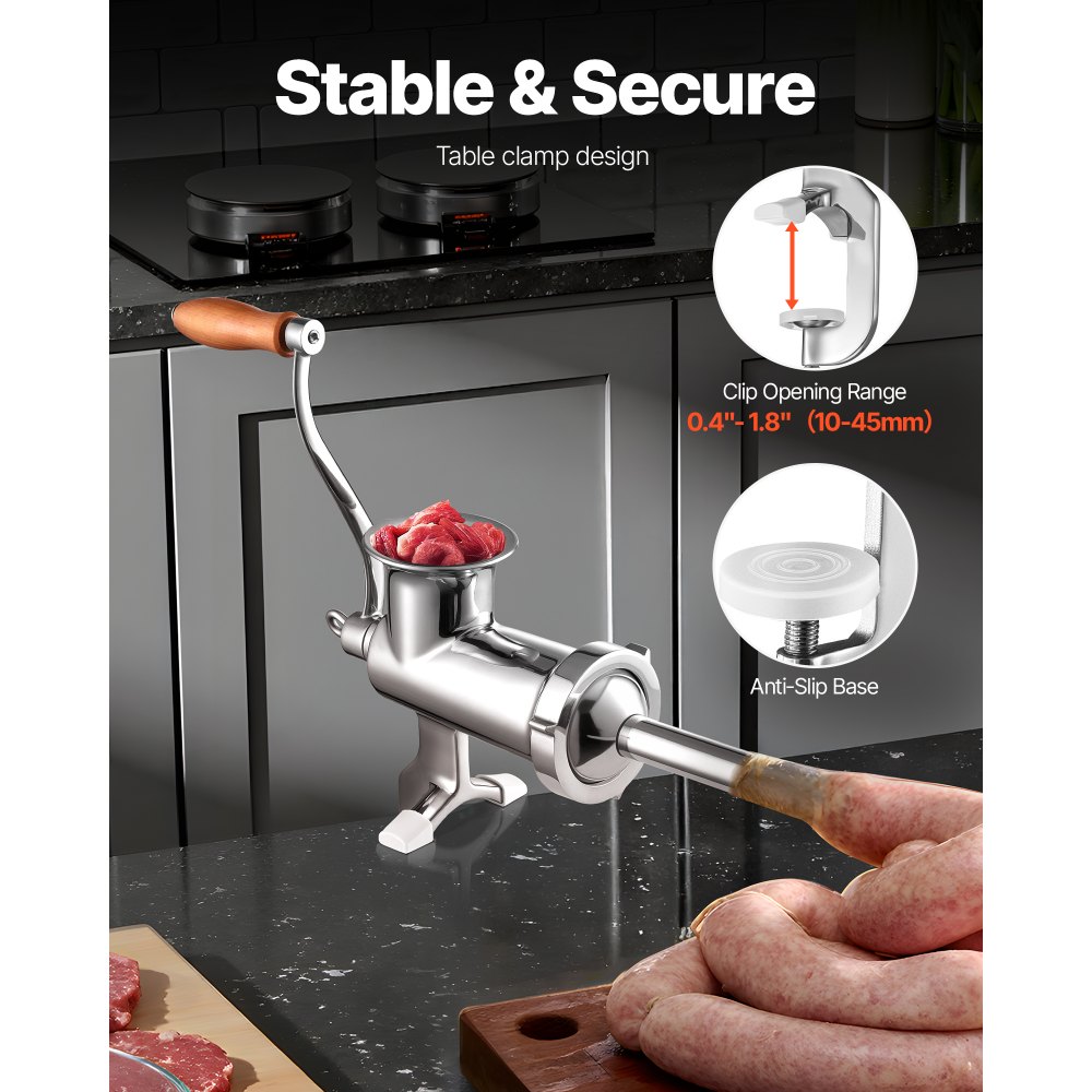 VEVOR Picadora de carne manual, picadora de carne manual de acero inoxidable 304 con abrazadera de mesa de acero, picadora de carne para hacer salchichas con 1 cuchilla de corte, 2 platos de corte, tubo de salchicha para champiñones de pimienta de cerdo de res
