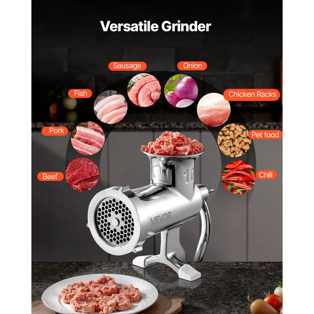 VEVOR Picadora de carne manual, picadora de carne manual de acero inoxidable 304 con abrazadera de mesa de acero, picadora de carne para hacer salchichas con 1 cuchilla de corte, 2 platos de corte, tubo de salchicha para champiñones de pimienta de cerdo de res