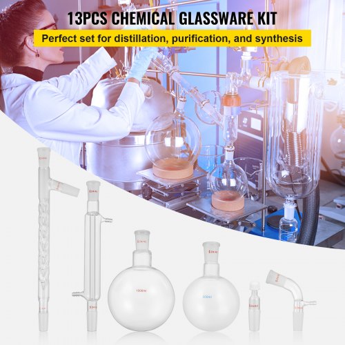 VEVOR Glass Organic Chemistry Kit 13pcs Kit de destilación 24/40 Articulaciones Aparato de destilación Vidrio de borosilicato Kit de cristalería de laboratorio con matraz de fondo redondo de 1000 ml para purificación de separación de destilaciones