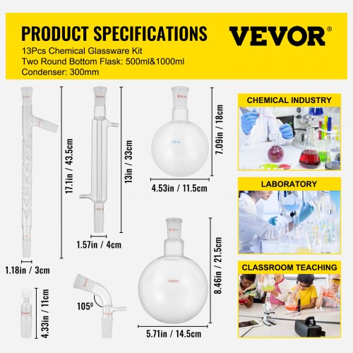 VEVOR Glass Organic Chemistry Kit 13pcs Kit de destilación 24/40 Articulaciones Aparato de destilación Vidrio de borosilicato Kit de cristalería de laboratorio con matraz de fondo redondo de 1000 ml para purificación de separación de destilaciones