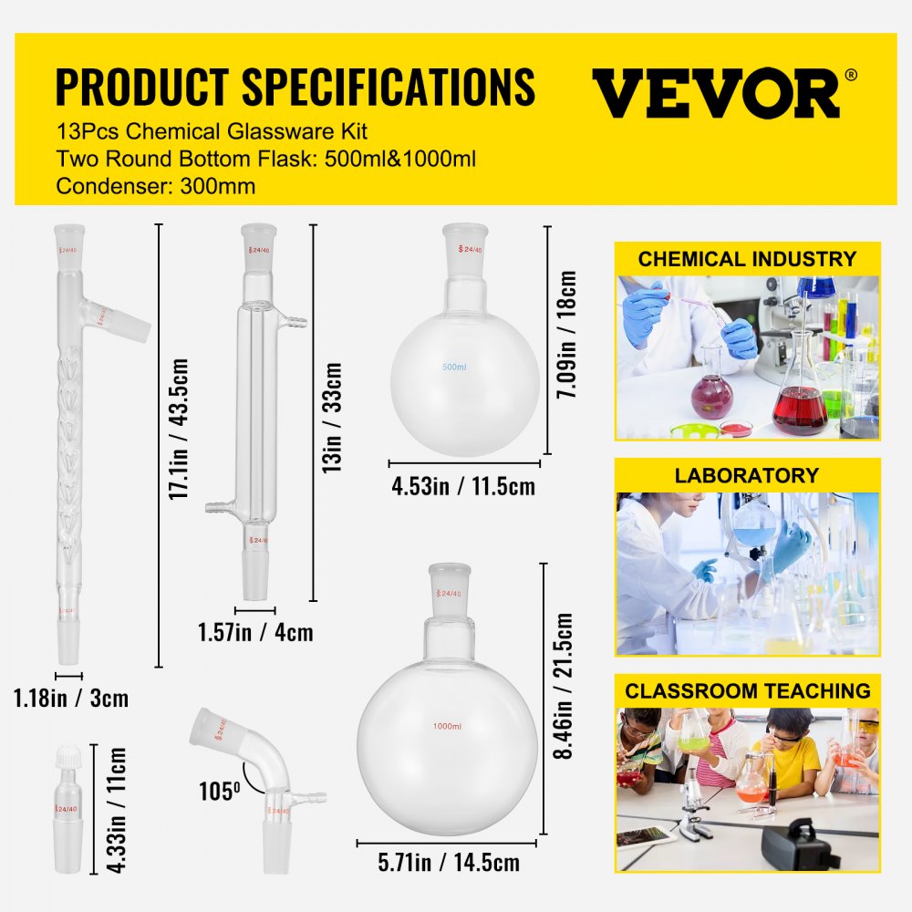 VEVOR Glass Organic Chemistry Kit 13pcs Kit de destilación 24/40 Articulaciones Aparato de destilación Vidrio de borosilicato Kit de cristalería de laboratorio con matraz de fondo redondo de 1000 ml para purificación de separación de destilaciones