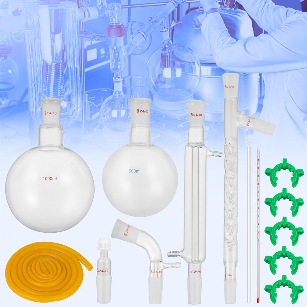 VEVOR Glass Organic Chemistry Kit 13pcs Kit de destilación 24/40 Articulaciones Aparato de destilación Vidrio de borosilicato Kit de cristalería de laboratorio con matraz de fondo redondo de 1000 ml para purificación de separación de destilaciones