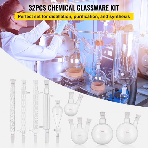 VEVOR New Laboratory Glassware 24/40 Chemistry Glassware 32PCS Chemistry Lab Glassware Kit 250 1000ml para destilaciones Separación Purificación Synthe (24/40, 32PCS)