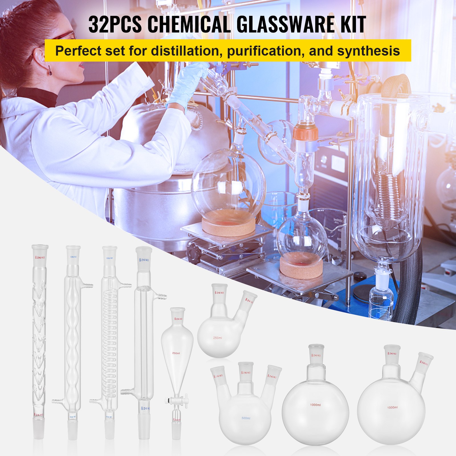 VEVOR New Laboratory Glassware 24/40 Chemistry Glassware 32PCS Chemistry Lab Glassware Kit 250 1000ml para destilaciones Separación Purificación Synthe (24/40, 32PCS)