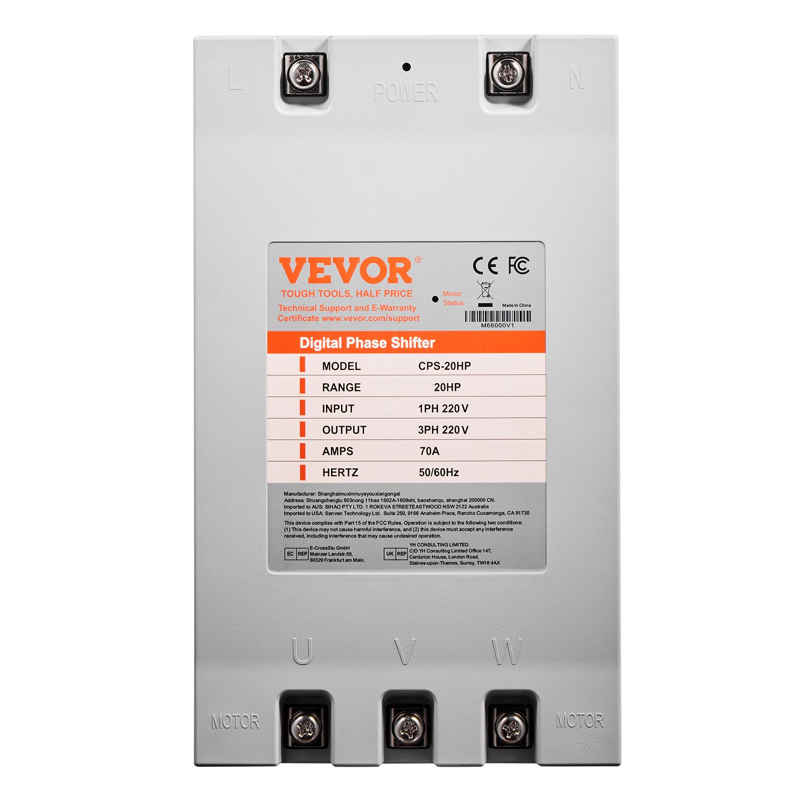 Convertidor trifásico VEVOR: 20 HP, 70 A, 220 V, monofásico a trifásico, entrada/salida de 220 V, desfasador digital para uso residencial y comercial ligero (un convertidor para un solo motor)